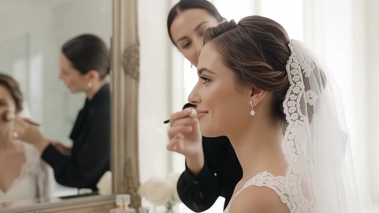 Professional Makeup Artist Applying Lipstick to a Beautiful Bride