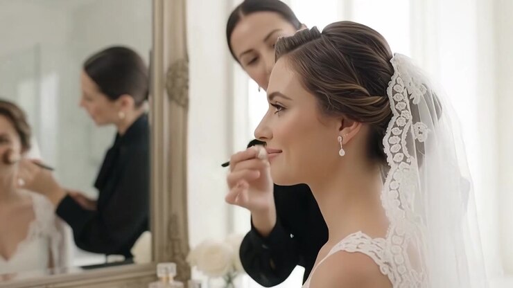 Professional Makeup Artist Applying Lipstick to a Beautiful Bride