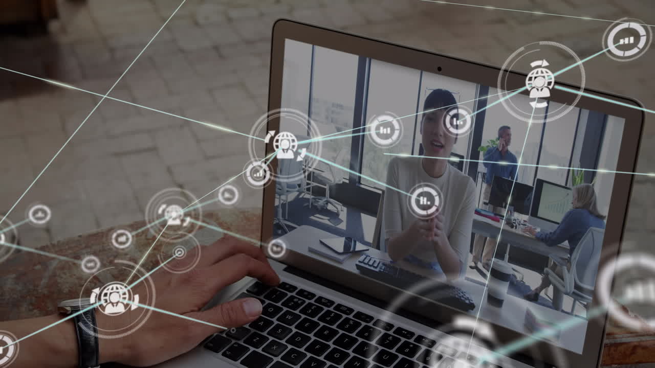 Animation of network of profile icons over rear view of man having a video call on laptop at cafe