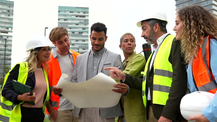Construction Team Reviewing Blueprints on Site
