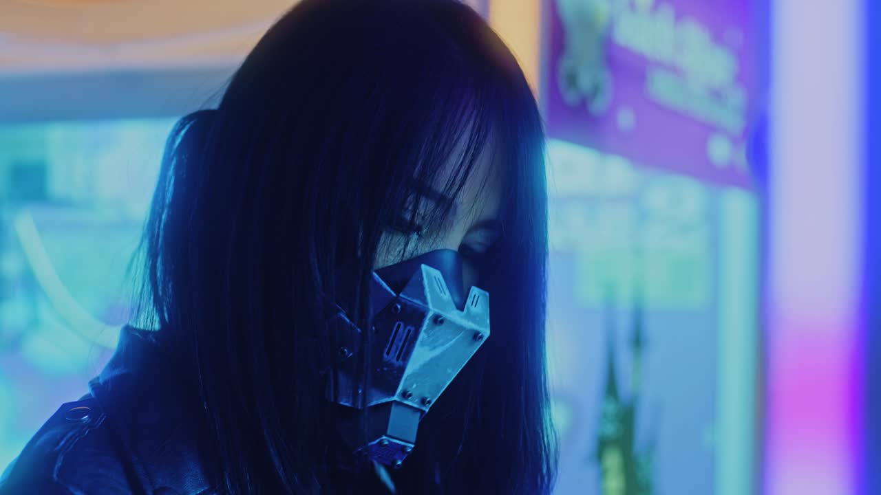 Cyberpunk-nainen maski päällä neonvaloissa