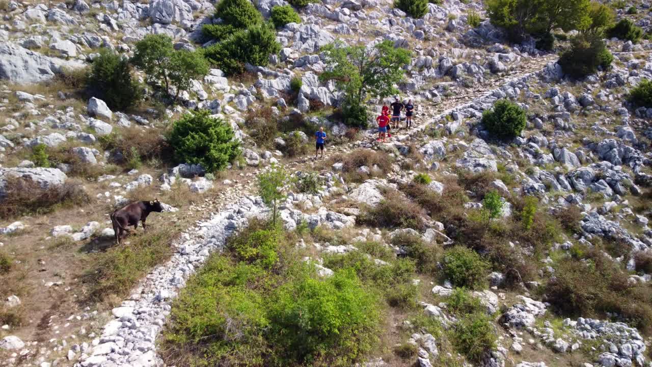 Group of people trail running on a rocky mountain path