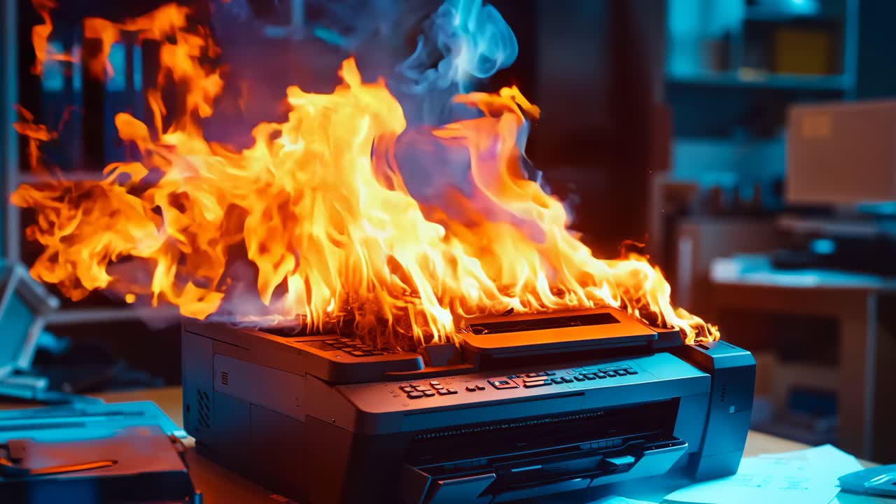 사무실 환경 에서 불타는 프린터