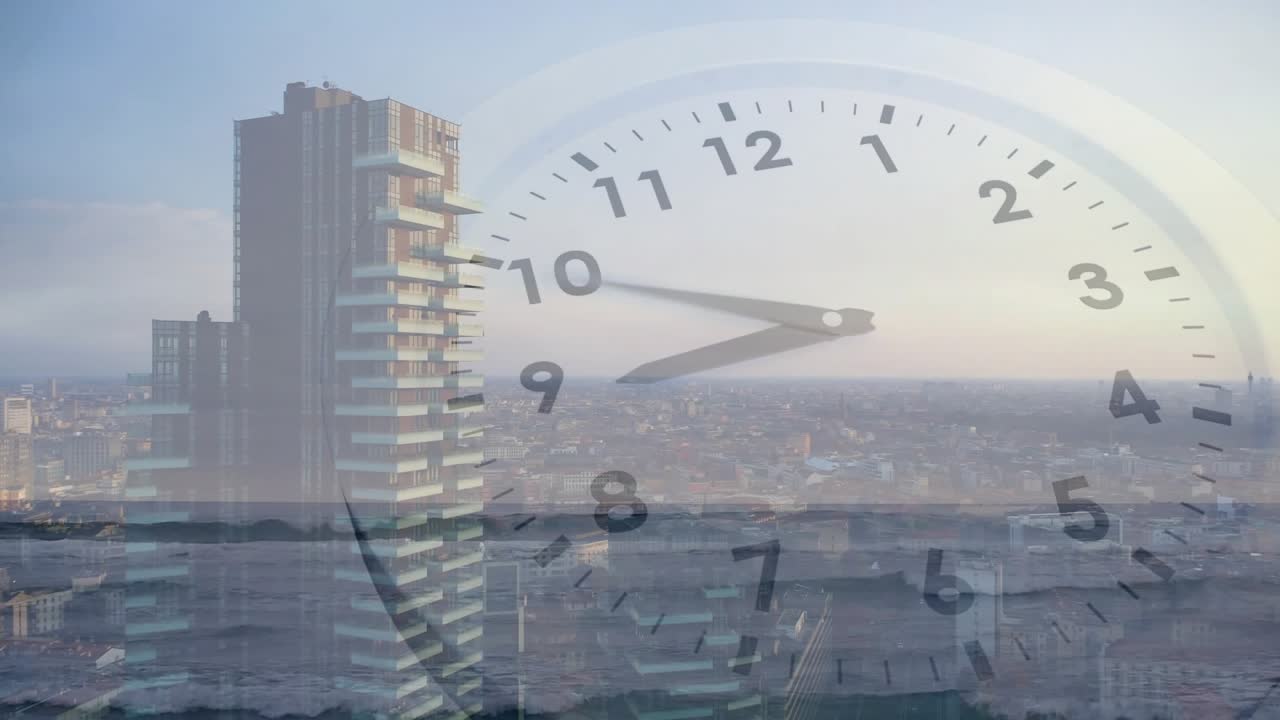 Translucent clock face sweeping hands across cityscape upon opening, illustrating time passage