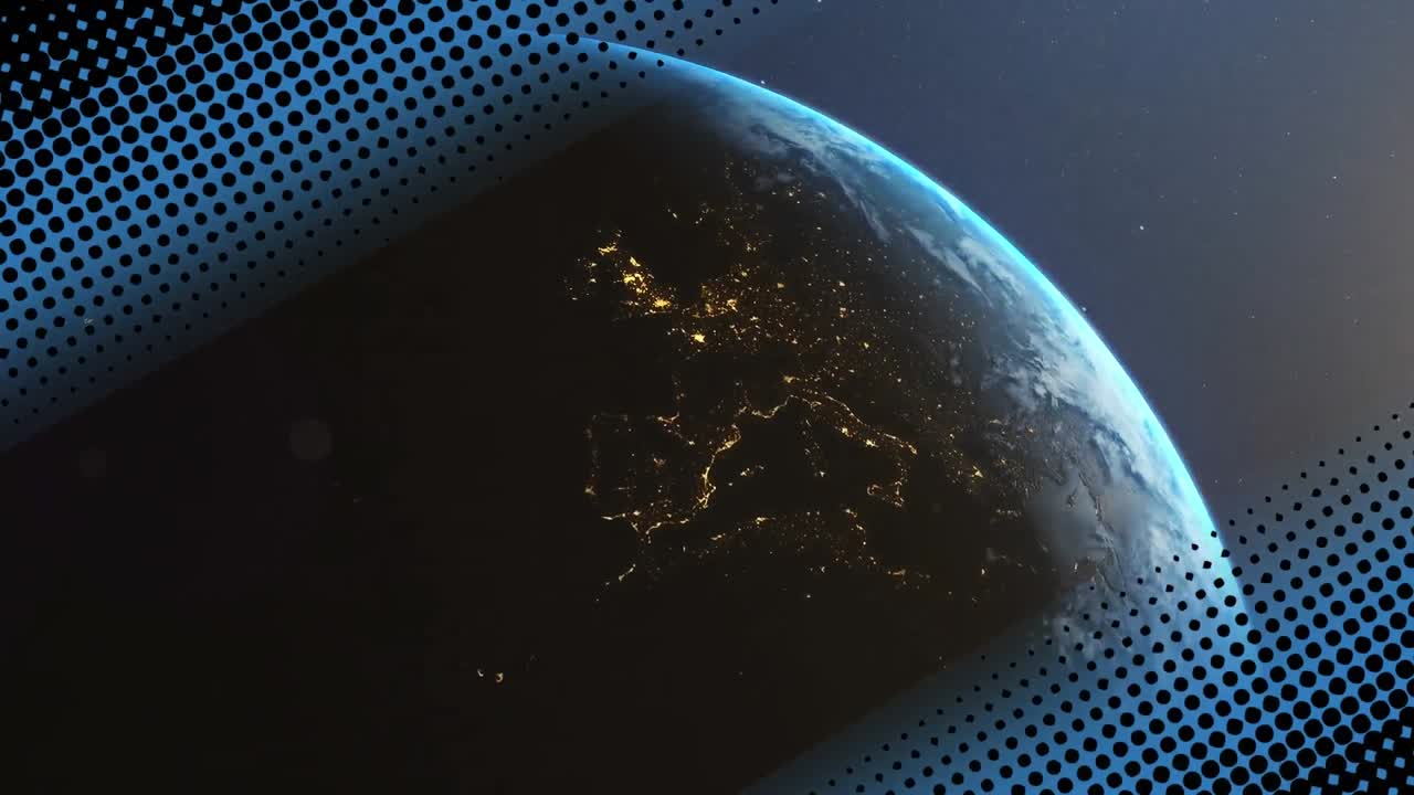 ⁇ 박이는 점들의 줄과 지구 위에 빛나는 태양의 애니메이션