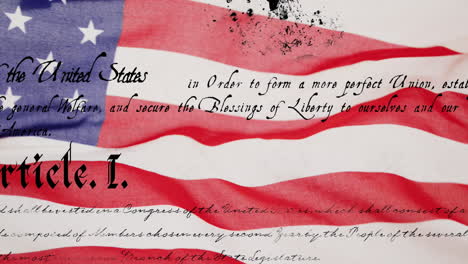 animación del texto de la constitución estadounidense sobre la bandera estadounidense ondeando