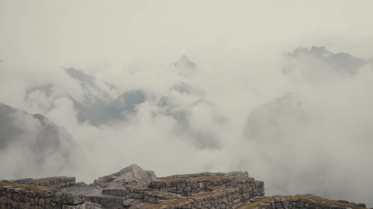 Historic Sanctuary of Machu Picchu With Cloudscape In The Background In The Andes Mountains In Peru. Aerial Shot