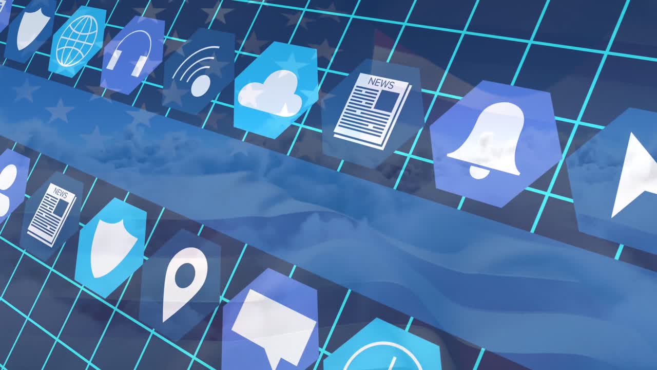 미국의  ⁇ 발 위에 육각형의 다중 아이콘의 애니메이션 배경에 밀집한 구름