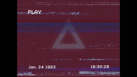 animation of vhs glitch effect over triangular and circular shape pattern in seamless pattern