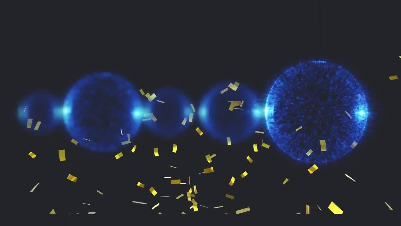 Animation of gold confetti falling over sparkling translucent blue balls, floating on black