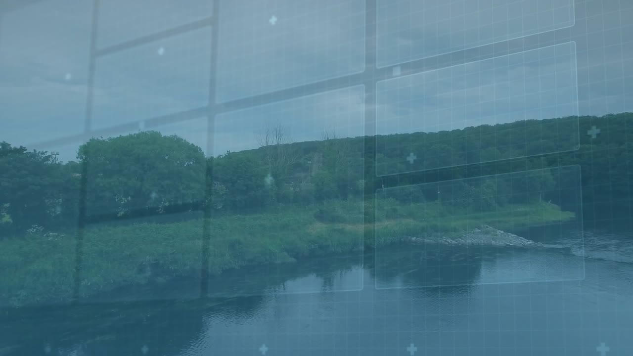 Upon digital grid fading in gauge pulsing, charts updating to visualize data over landscape