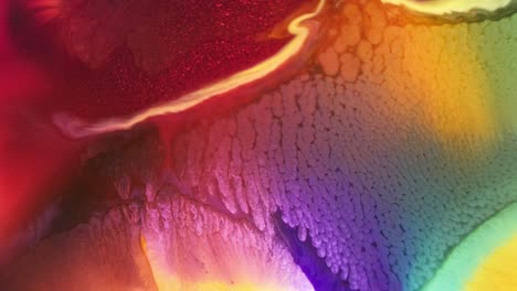 colorful ink diffusion in water with a spectrum of red, purple, and yellow hues, macro view