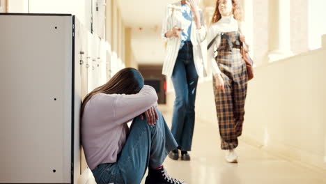 depression, sad and student on college hallway