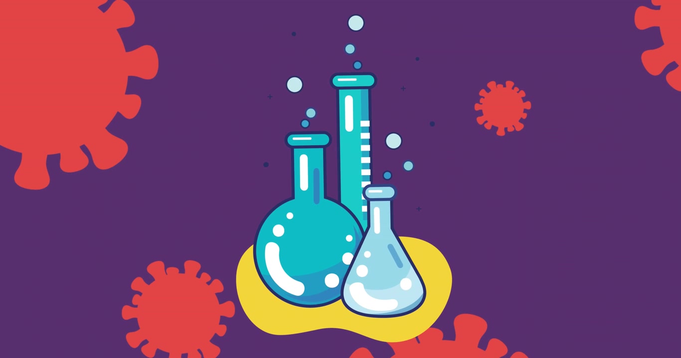 Animação de ícones de béqueres sobre células de vírus em um fundo roxo.