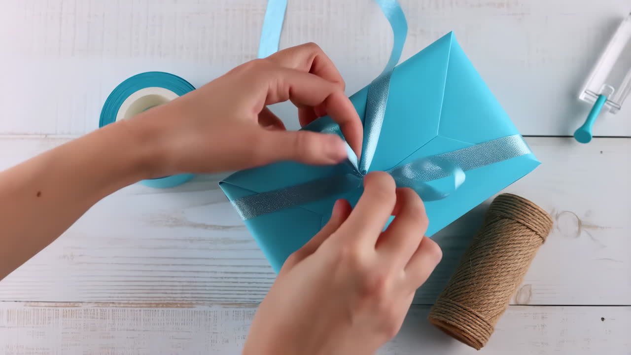 Close-up of Hands Tying a Blue Ribbon on a Gift