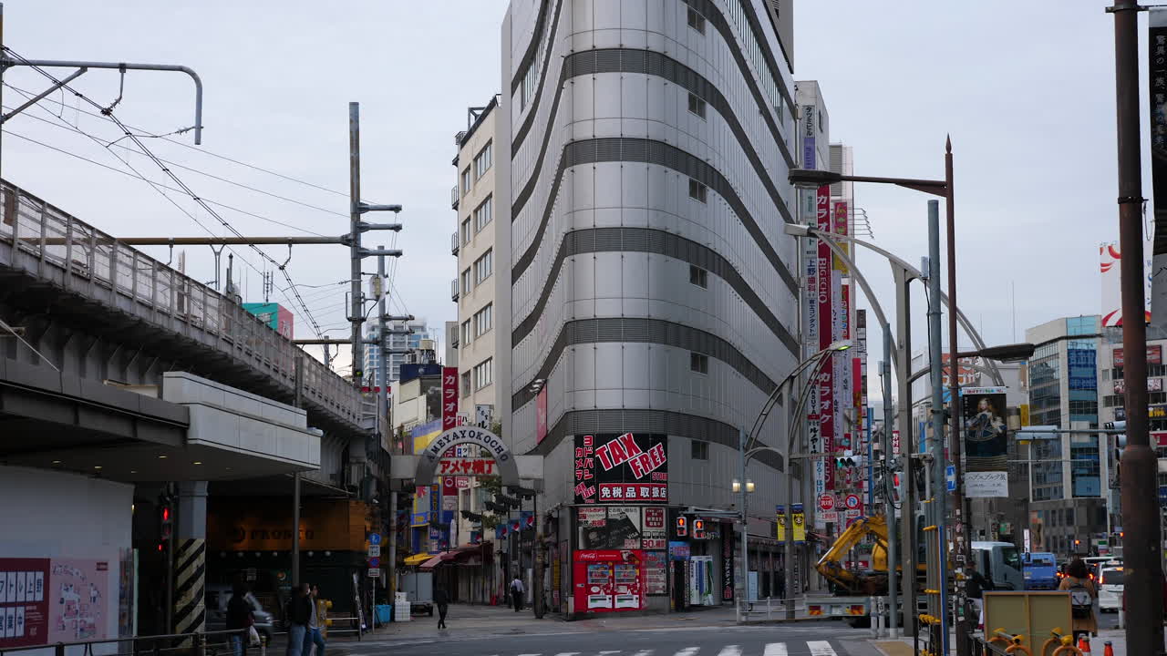 Slow motion, tilt shot, of traffic on the Ueno shopping street, at a cloudy, autumn day, in Tokyo, Japan