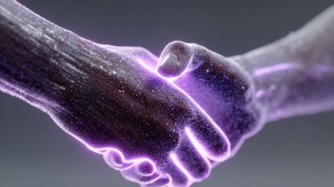 Two abstract digital hands made of glowing particles connecting in a handshake, representing a virtual agreement, futuristic technology, metaverse deal, and business partnership in cyberspace