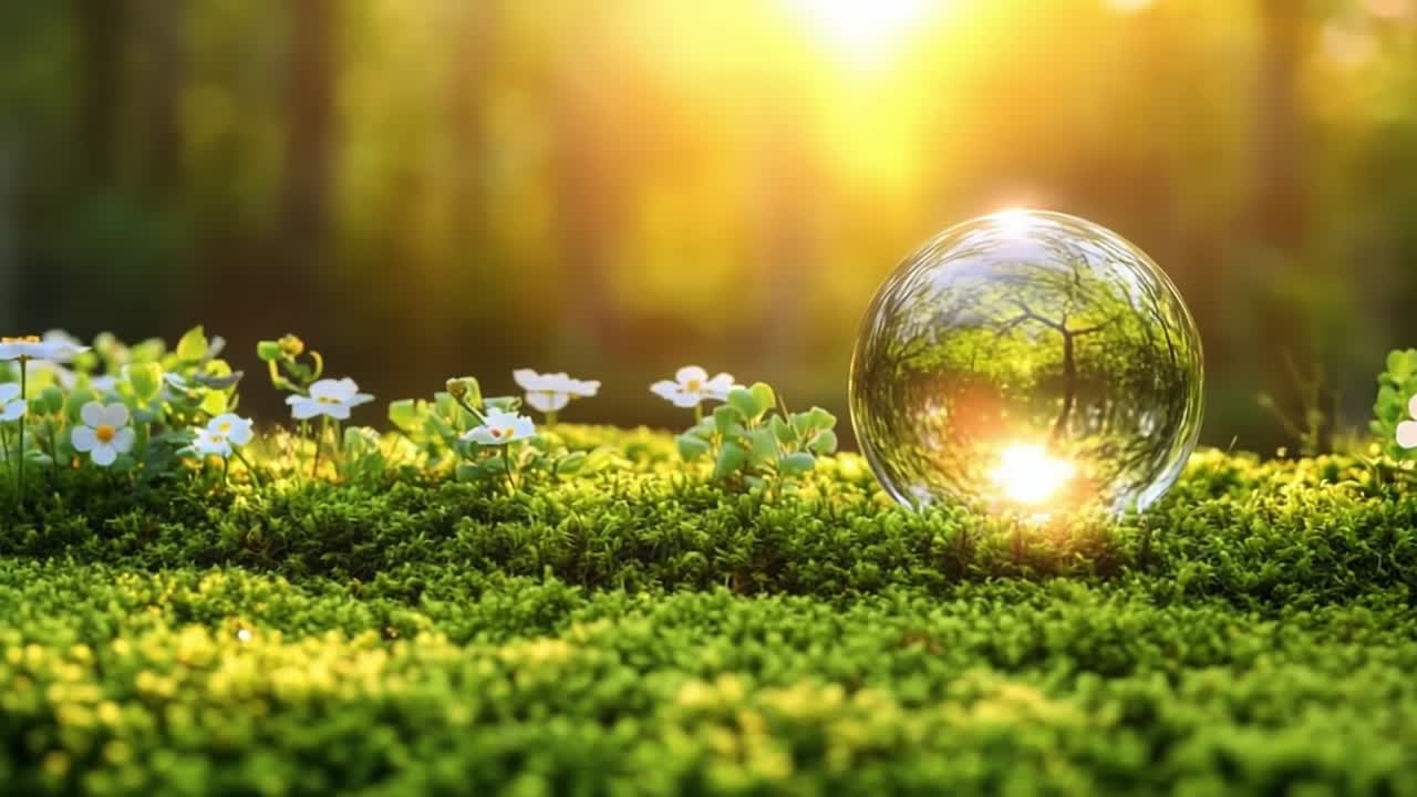 Shiny orb in a lush forest. A glass sphere reflects sunlight among green moss and delicate white flowers in a serene forest setting.