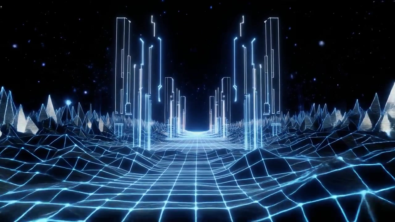 Futuristic Digital Landscape with Glowing Neon Grid and Abstract Structures