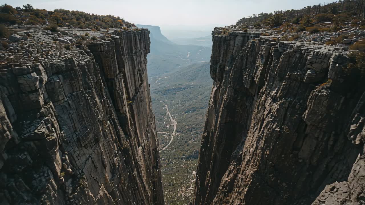 La telecamera si avvicina muovendosi verso uno stretto canyon su un altopiano arido, rivelando una strada e strati di roccia.