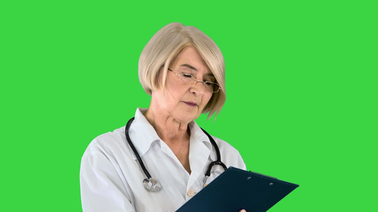 Serious mature doctor woman writing in clipboard on a Green Screen, Chroma Key