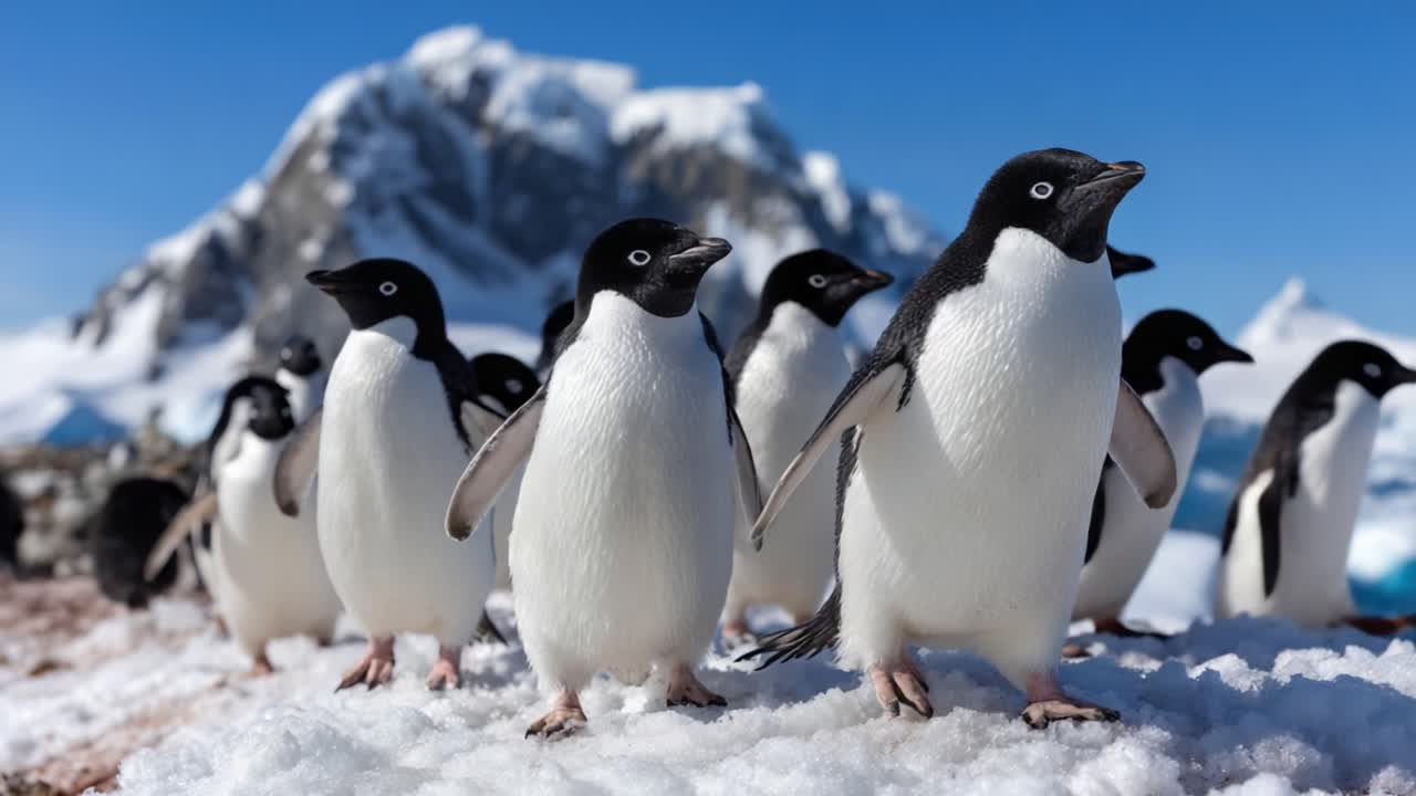 Adélie Penguins Gather on a Snowy Antarctic Landscape, Showcasing Their Distinctive Black and White Plumage Against a Stunning Mountain Background