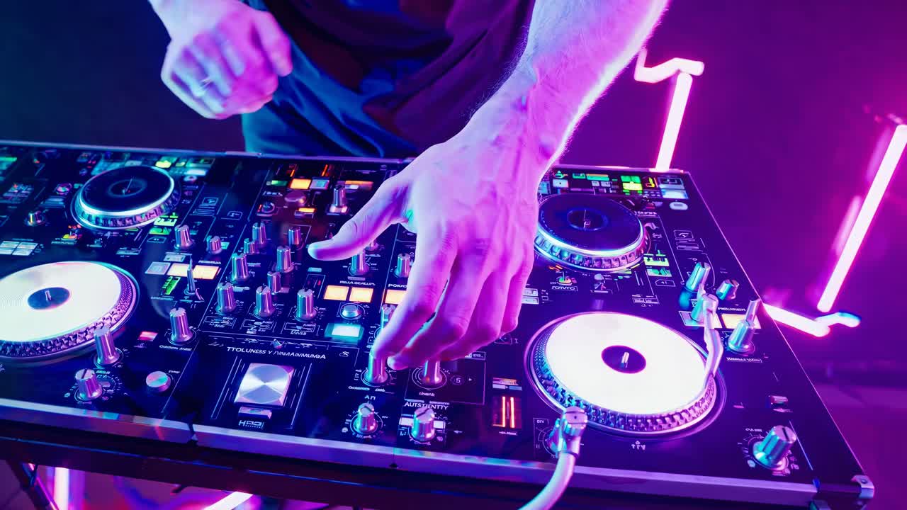 Inquadratura aerea dinamica di un DJ che mixa le tracce, luci al neon, perfetto per un video musicale