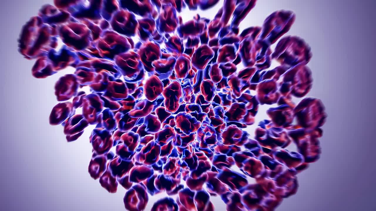 Video astratto di forme organiche rosse e blu vorticose da un angolo zenitale, che crea un dinamismo