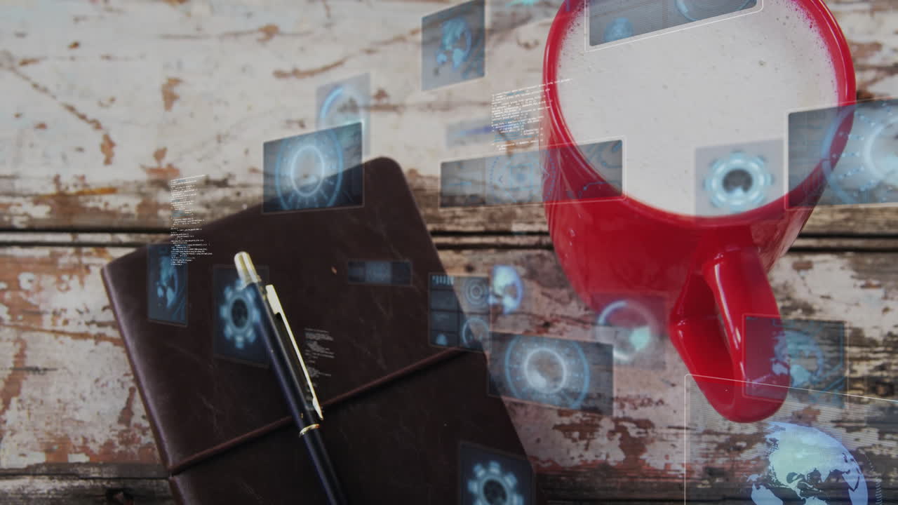 Rustic wooden table showing workspace, highlighting coffee mug, notebook and holographic UI