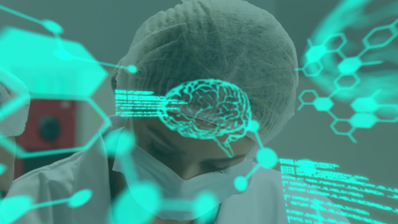 Animazione di strutture molecolari, linguaggio informatico, cervelli, dottoressa caucasica che indossa una mascherina
