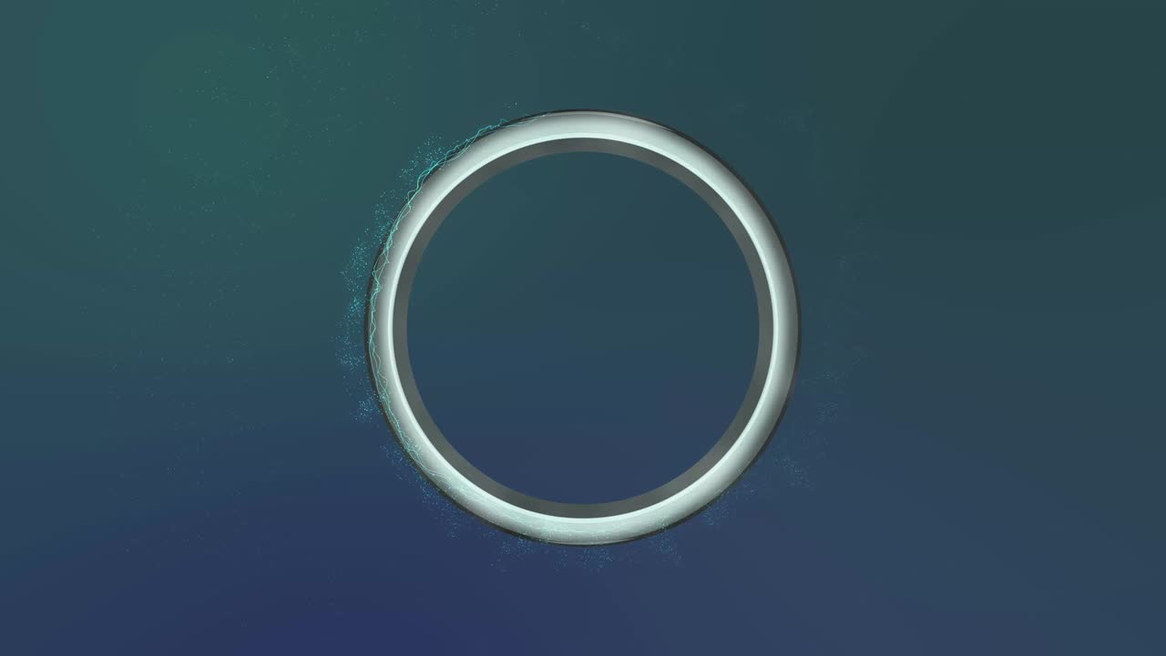 밝은 빛나는 반이는 입자 효과와 함께 반이는 회전 원, 부드럽게 나타나고 그라디언트 어두운 색의 배경에서 사라집니다.