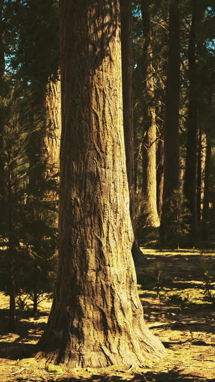 Tall trees stand under the bright sun in a serene forest environment