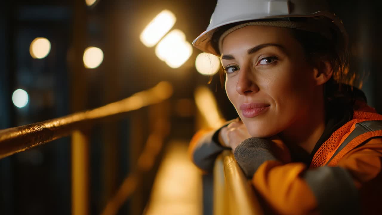 A confident construction worker in safety gear gazes thoughtfully into the distance, showcasing determination and resilience within an industrial setting, illuminated by warm ambient lights of a workspace