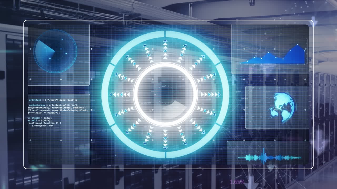 animación del procesamiento de datos con escaneo de alcance sobre la sala del servidor