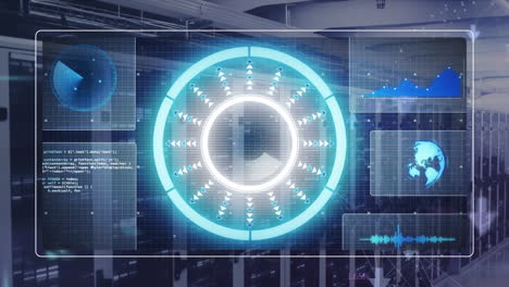 animación del procesamiento de datos con escaneo de alcance sobre la sala del servidor