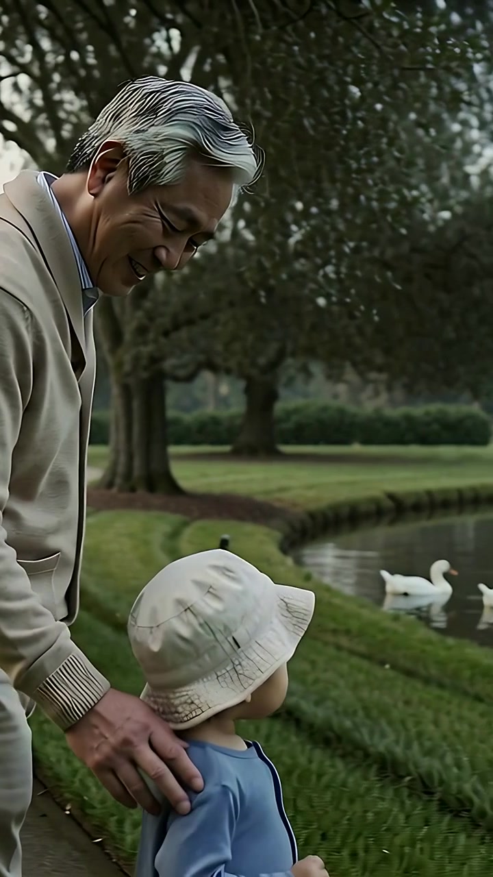 Vertical video: Walking elder guiding bucket-hat toddler in park spotting pond ducks, copy space