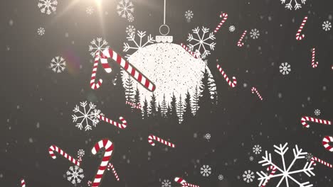 Animation-Einer-Baumelnden-Weihnachtskugel-Mit-Zuckerstangen-Und-Fallendem-Schnee