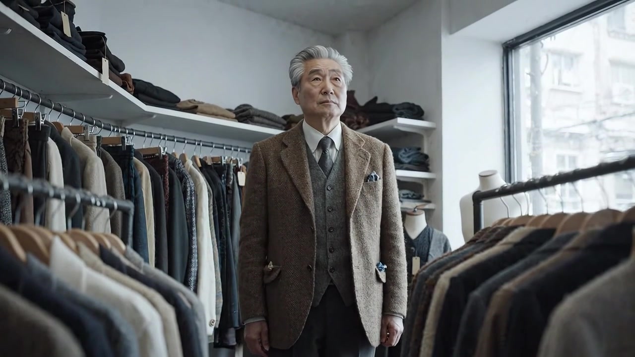 En tankefuld ældre person i skræddersyet tøj står blandt rækker af moderigtigt tøj i en butik, hvilket afspejler en tidløs stil og elegance.