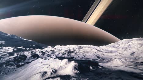 passing over the surface of a moon orbiting the gas giant of saturn