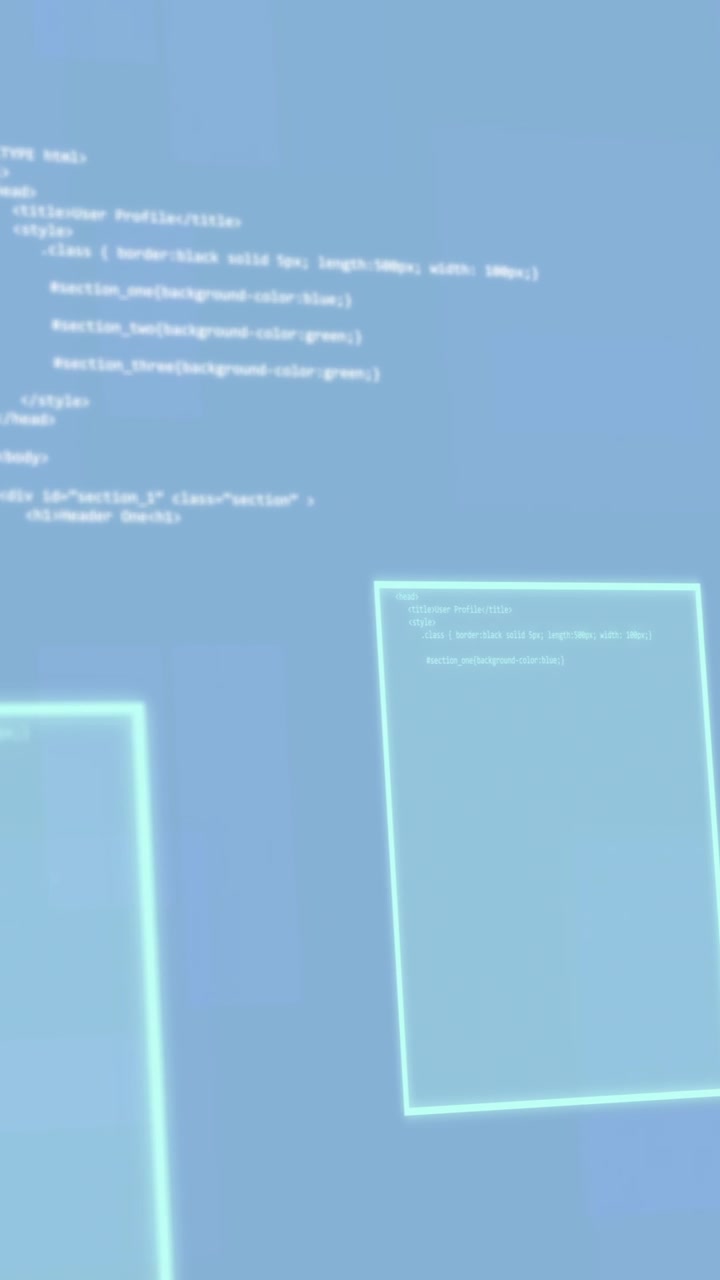 Animazione di linguaggio di programmazione con codici binari e schermi su sfondo blu.