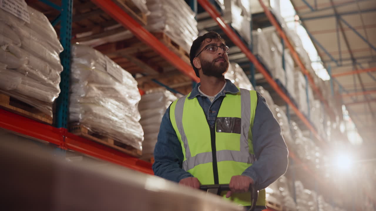 Warehouse worker pulling cart in warehouse