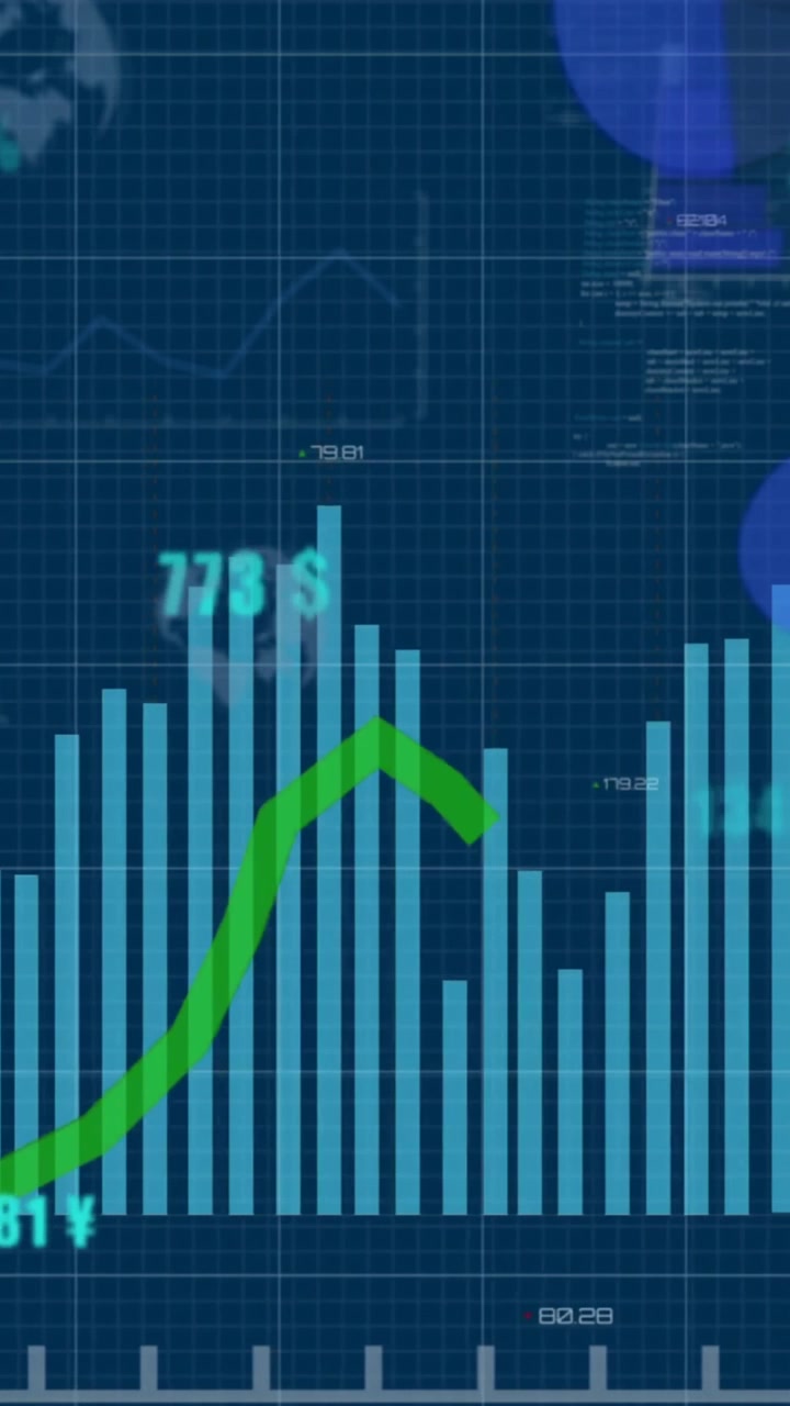 Animazione di statistiche ed elaborazione dati su sfondo scuro