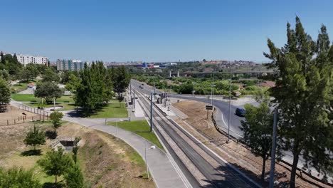 Drone-shot-of-a-tram-track