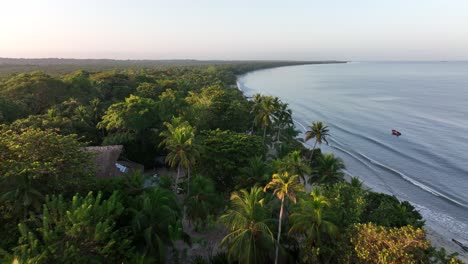 Vista-Aérea-De-La-Costa-Celestial-En-El-Mar-Caribe-En-Colombia,-Bosque-Tropical-Y-Playa-De-Arena-A-La-Luz-Del-Sol-De-La-Mañana---Disparo-De-Drones