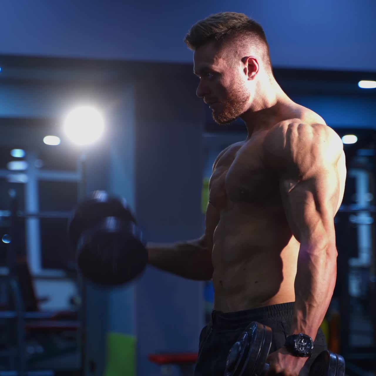 Atleta con manubri pesanti che si allena al chiuso. Uomo forte con corpo muscoloso che solleva pesi in palestra. Allenamento quotidiano di un bodybuilder.