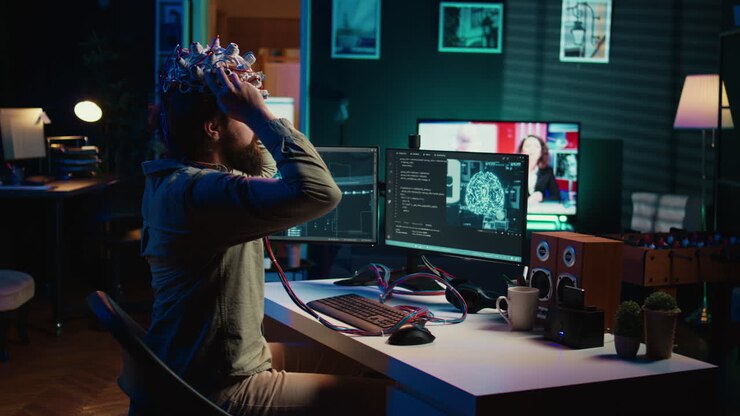 Man puts EEG headset on to transfer mind into computer virtual world