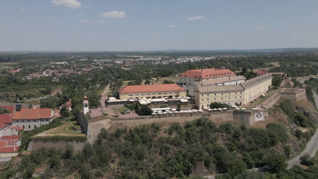 Aerial orbits stone walls of Petrovaradin Fortress in Novi Sad, Serbia