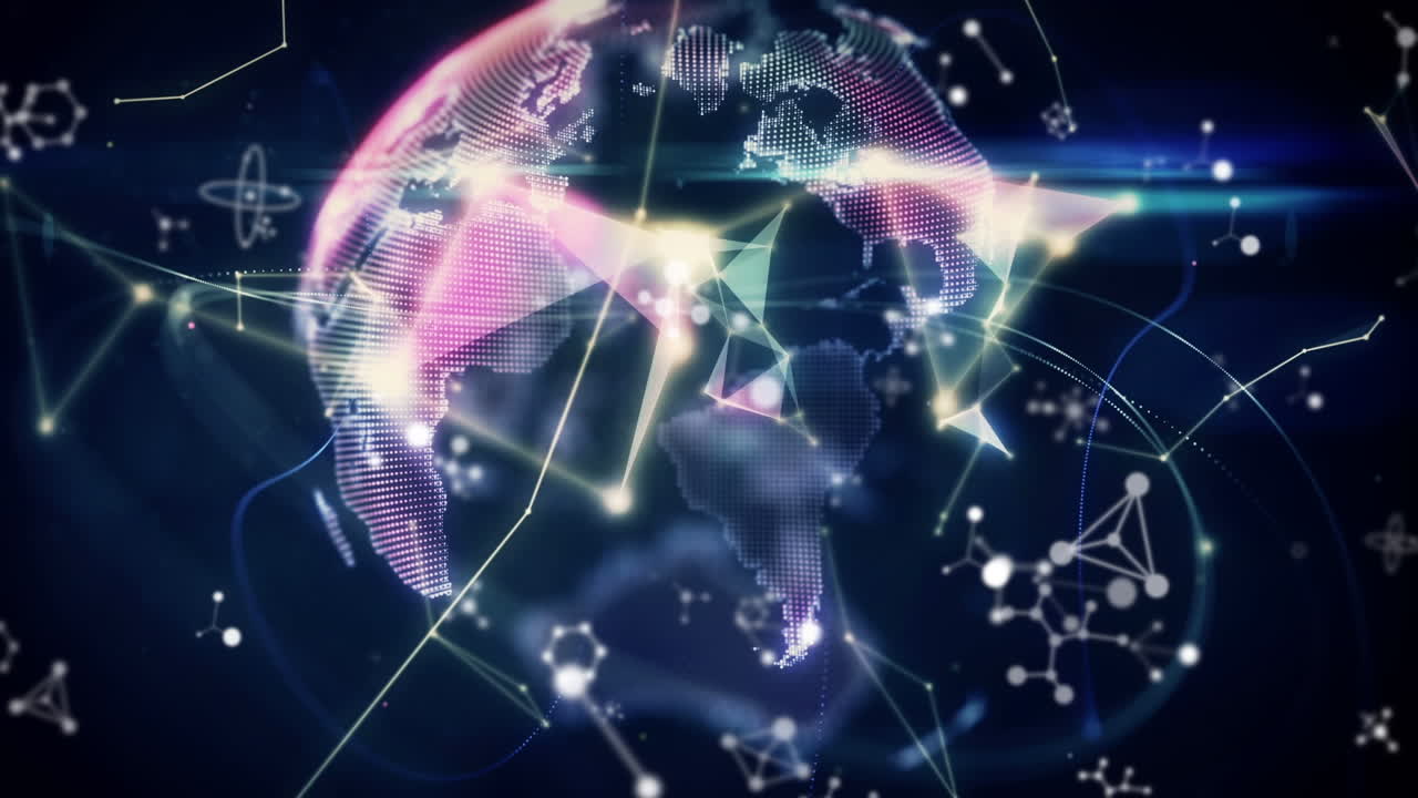 검은 바탕 위에 연결 네트워크, 분자 및 지구의 애니메이션