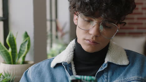 joven hispano elegante que usa un teléfono inteligente en casa estudiante que navega por los mensajes de las redes sociales enviando mensajes de texto en el teléfono móvil disfrutando de compartir el estilo de vida de moda en línea usando gafas