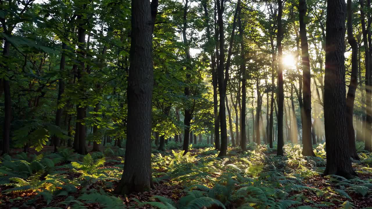 A serene forest scene with sunlight streaming through trees, captured at eye level
